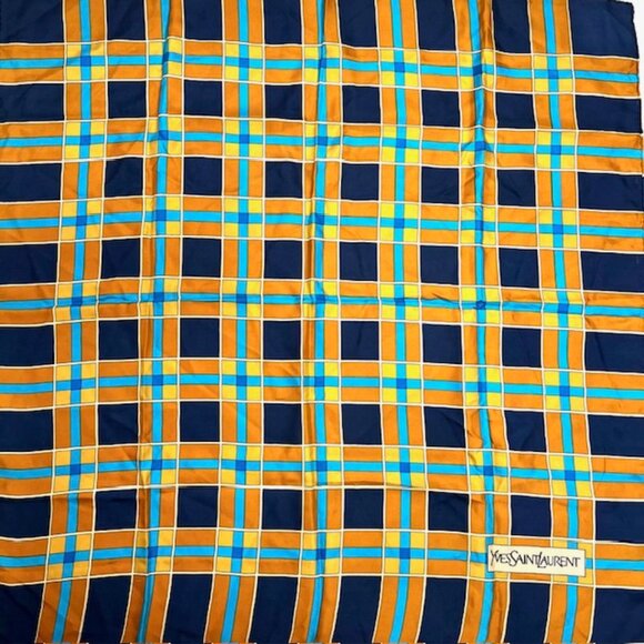 Vintage Yves Saint Laurent Scarf100% silk satin  31"Blue Rusty White Check (26) - Picture 9 of 11